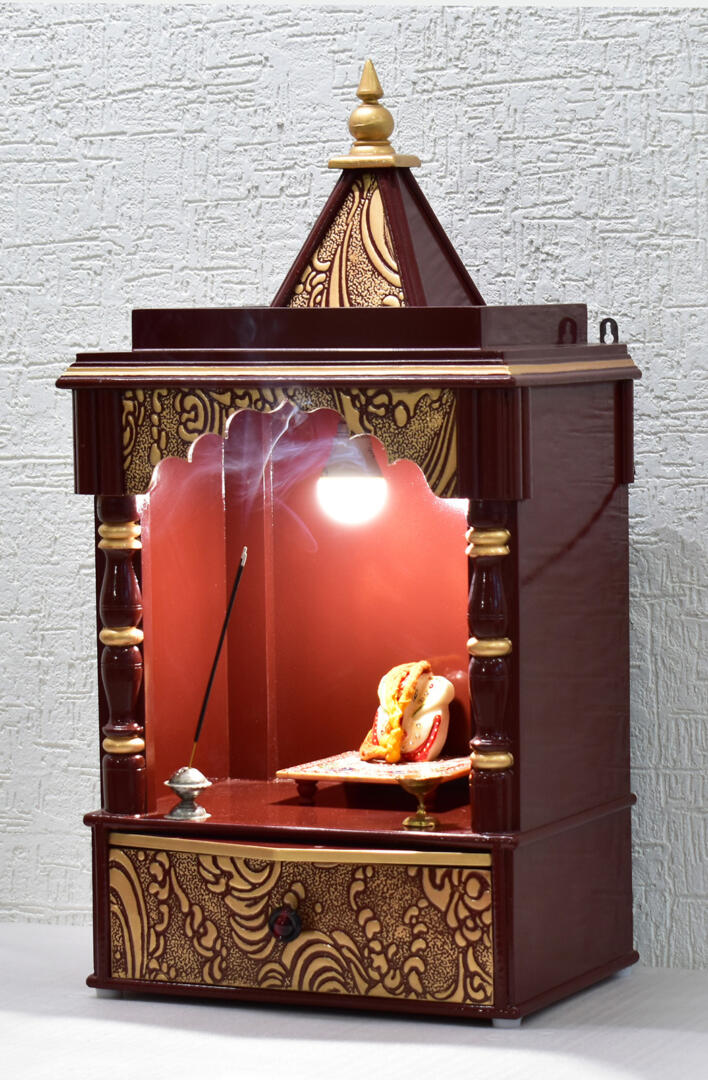 Brown-Golden Pooja Temple/Mandir with Tray and One Drawer - Side Closed - Image 2